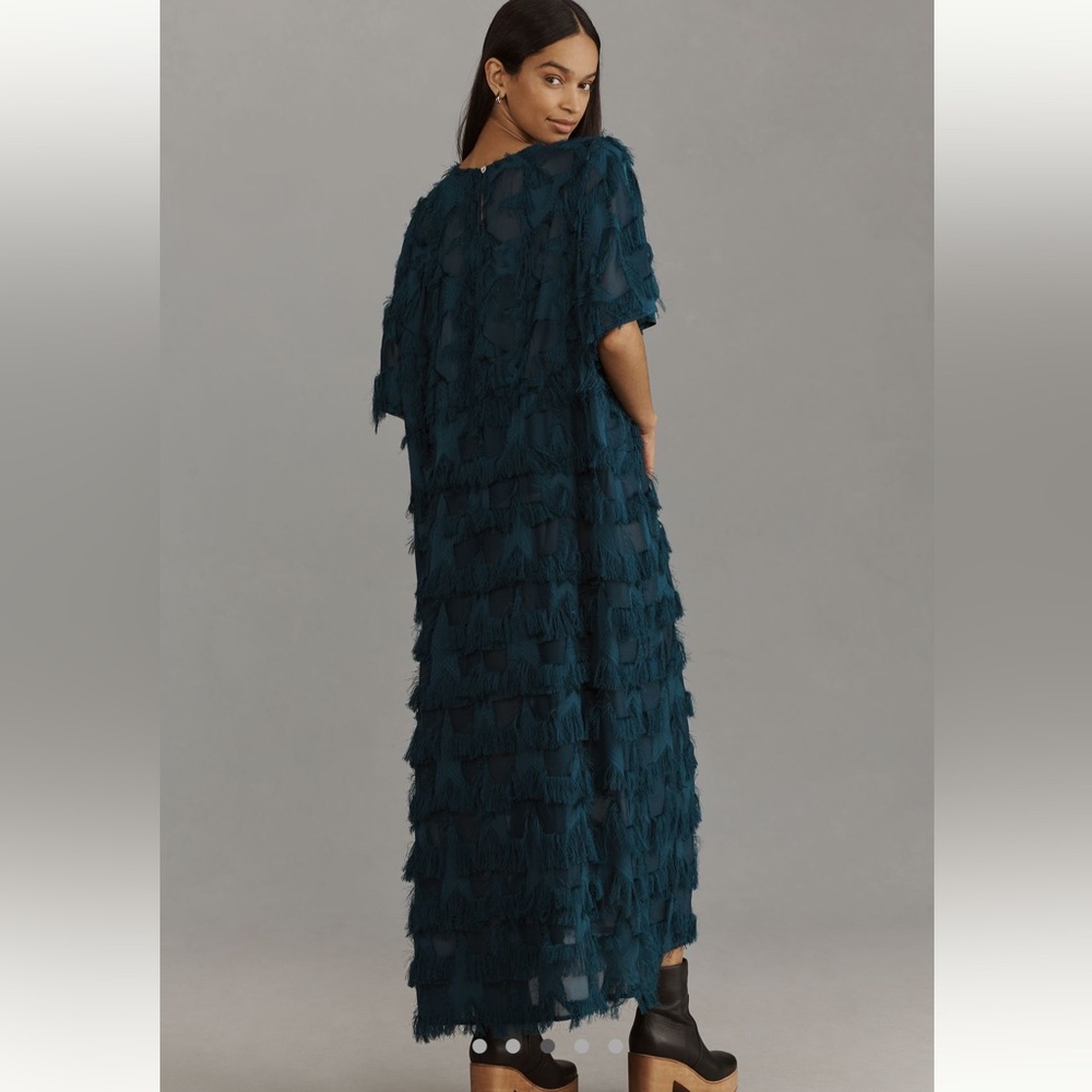 By Anthropologie Teal Fringe Tiered V-Neck Maxi Dress One Size S M L - Picture 3 of 9